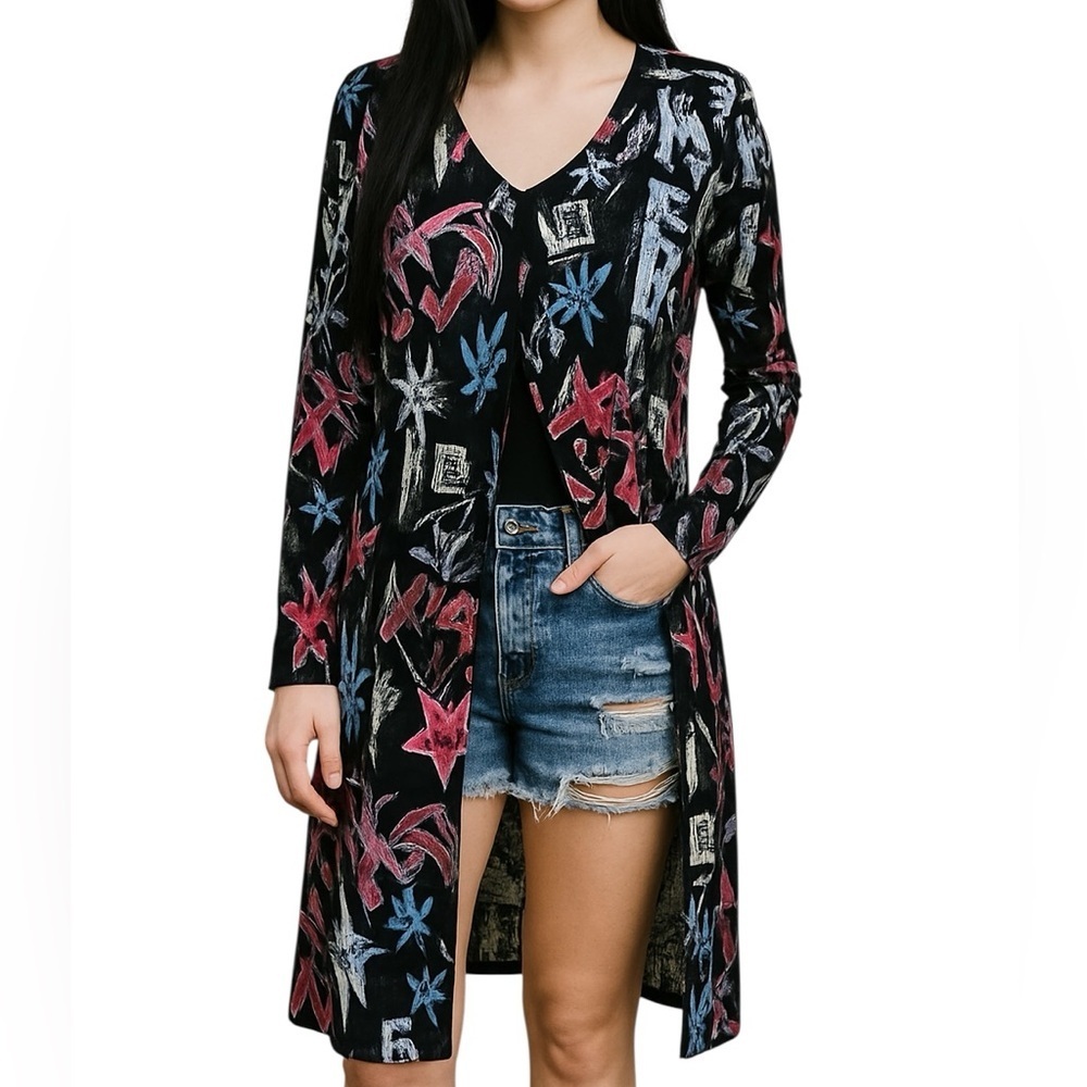NYC Black Printed Long Cardigan with Pink & Blue Accents